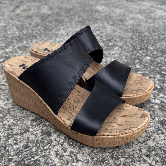 Korks By Kork-Ease Womens Sz 9 Kendri Black Leather Wedge Sandals Platform Slide - Picture 1 of 11